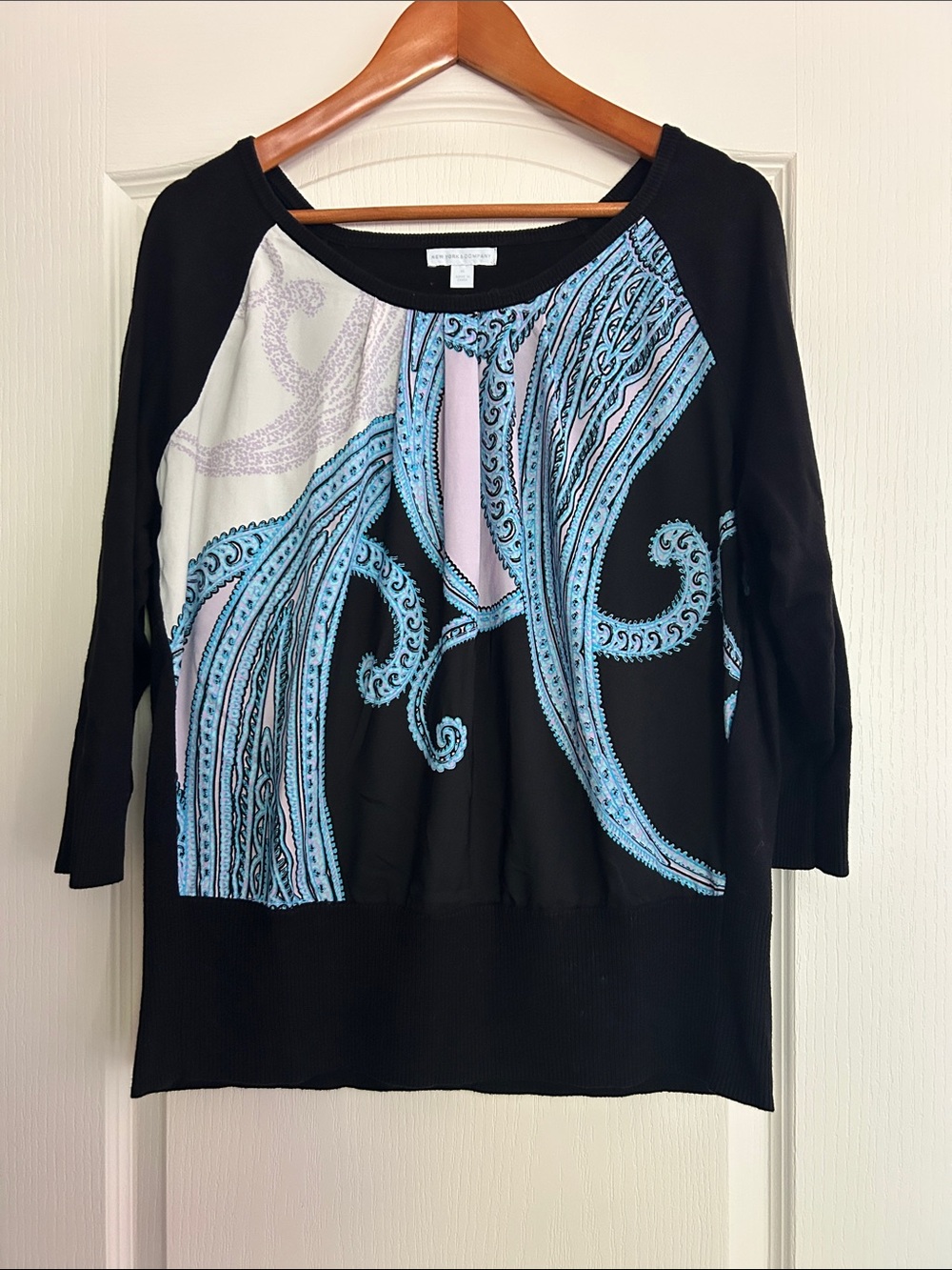New York & Company Black Pullover Sweater with Blue and Lavender Paisley Panel